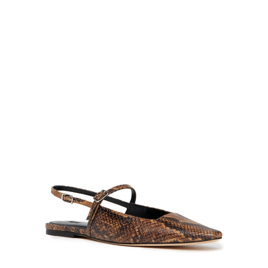 brown snake print slingback flats front view