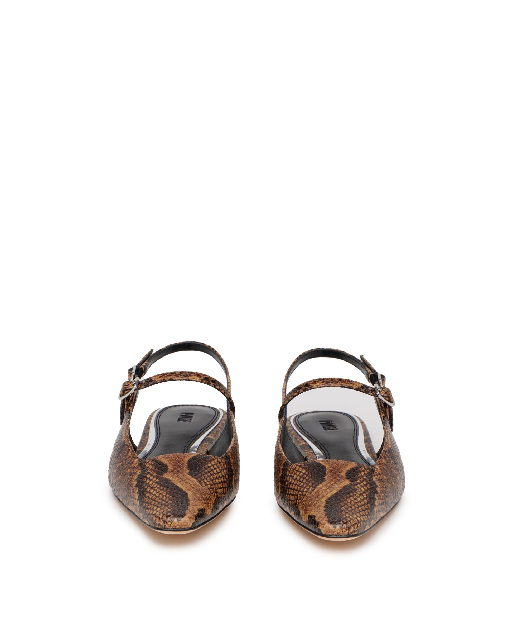 brown snake print slingback flats front view