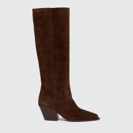 Pull on chocolate brown suede tall western style boot