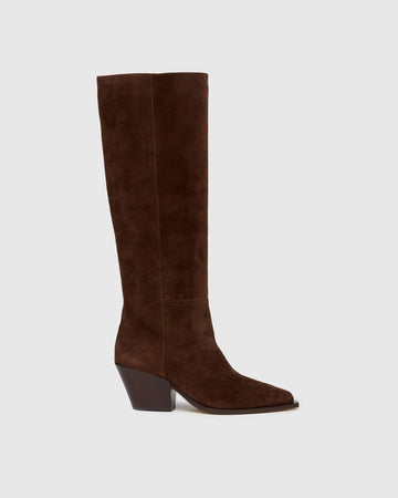 Pull on chocolate brown suede tall western style boot