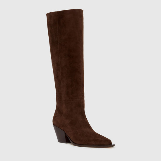 Side view of chocolate suede boot