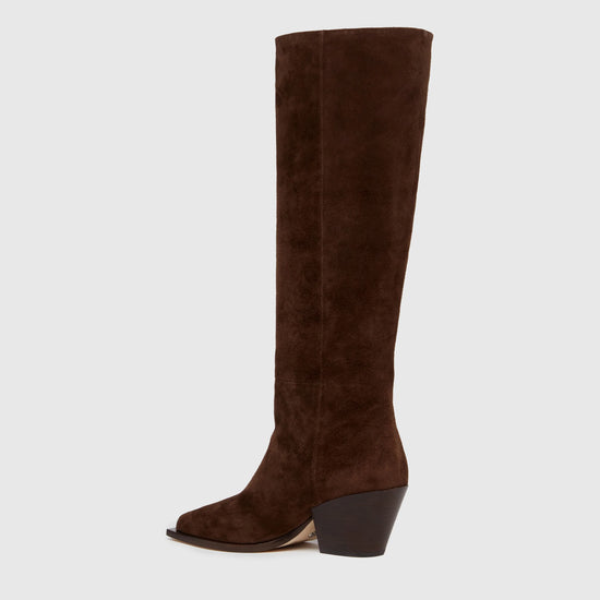 Side view of chocolate suede boot