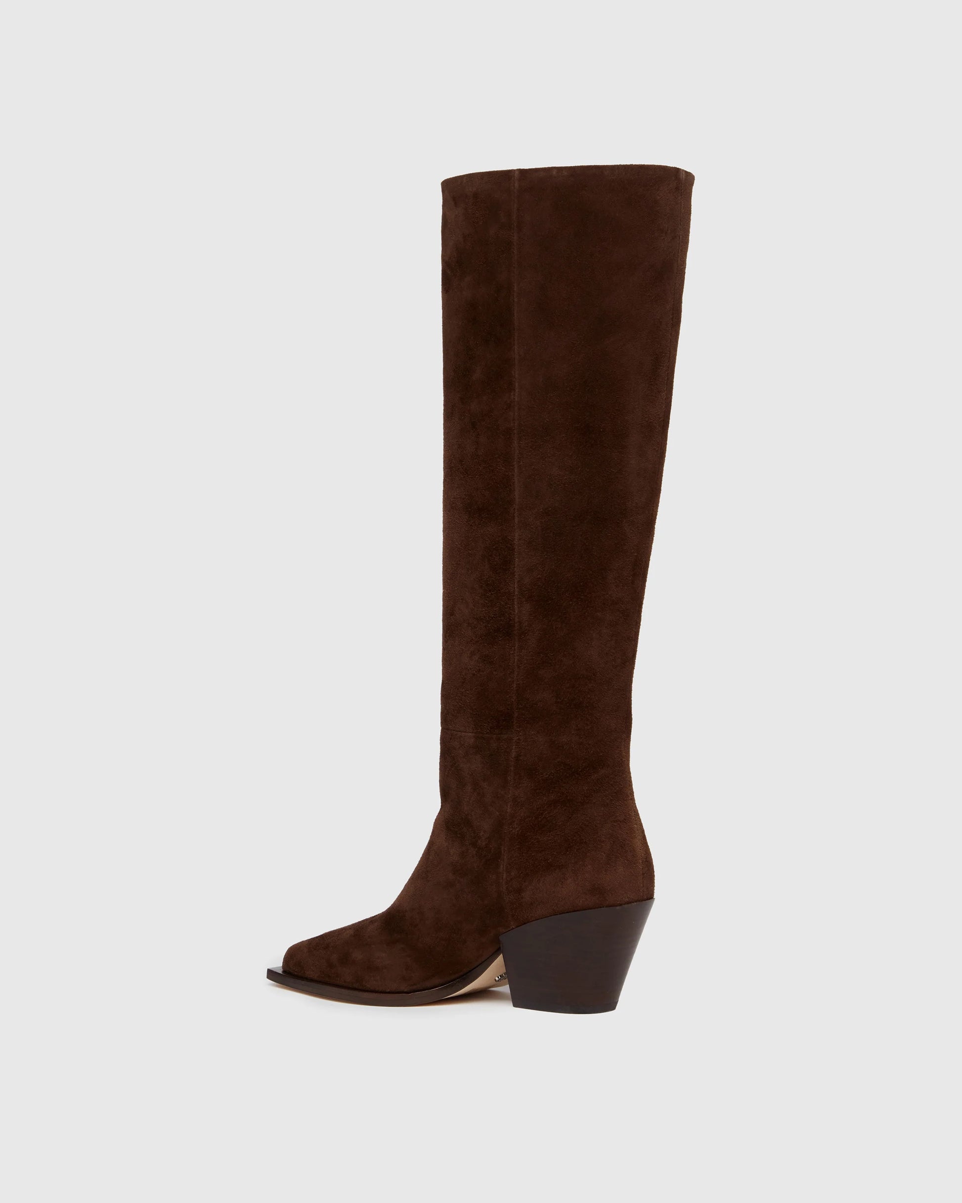 Side view of chocolate suede boot