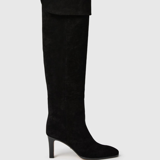 knee high heeled black suede boots