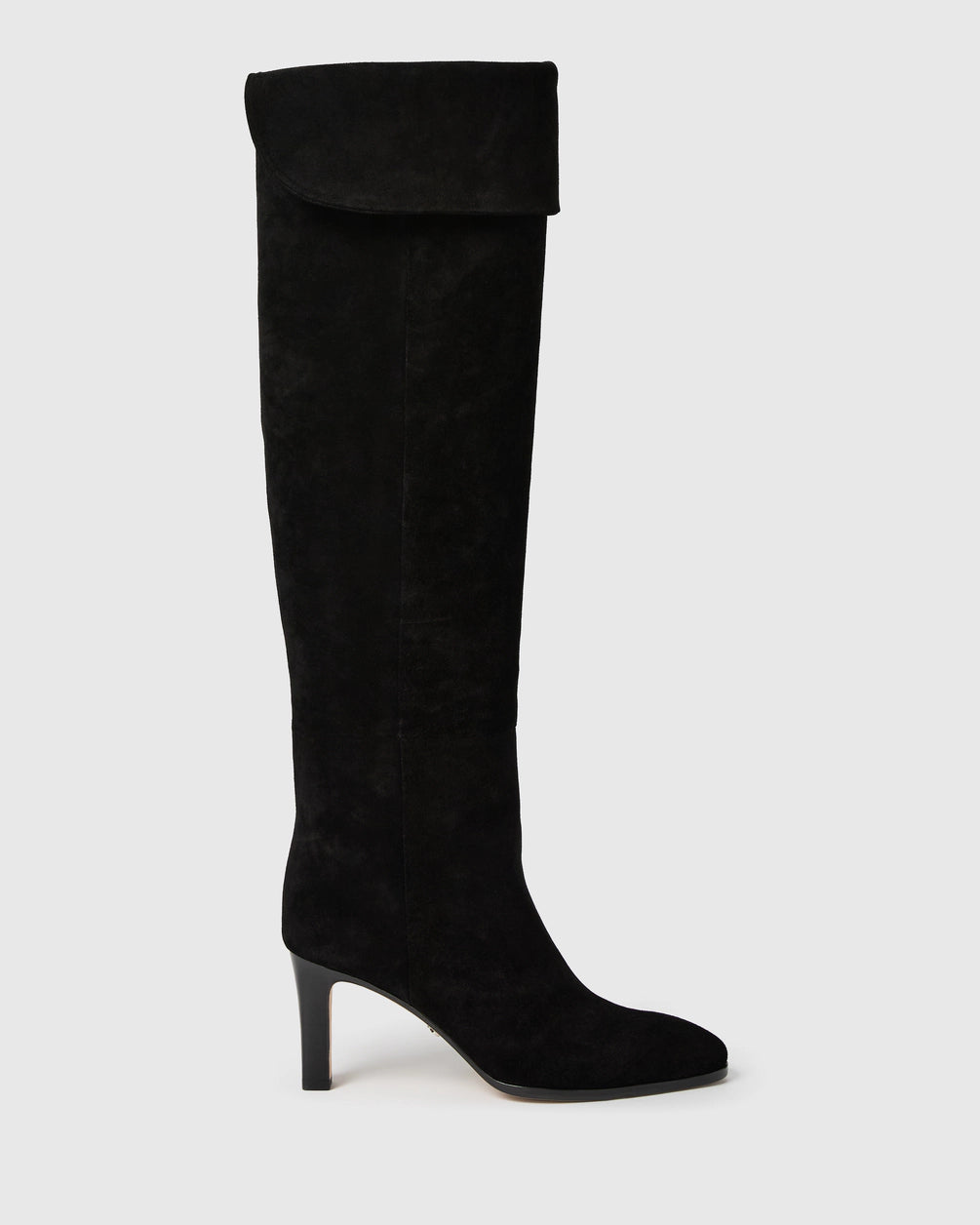 knee high heeled black suede boots