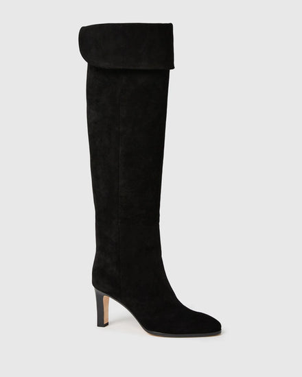 knee high heeled black suede boots side view