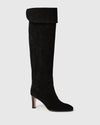 knee high heeled black suede boots side view