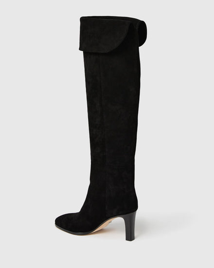 knee high heeled black suede boots rear view