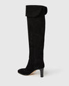 knee high heeled black suede boots rear view