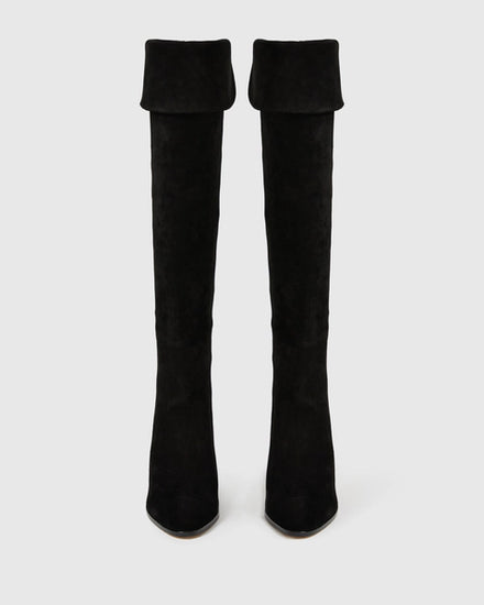knee high heeled black suede boots front view