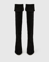 knee high heeled black suede boots front view