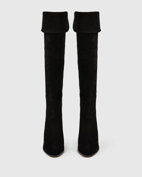knee high heeled black suede boots front view