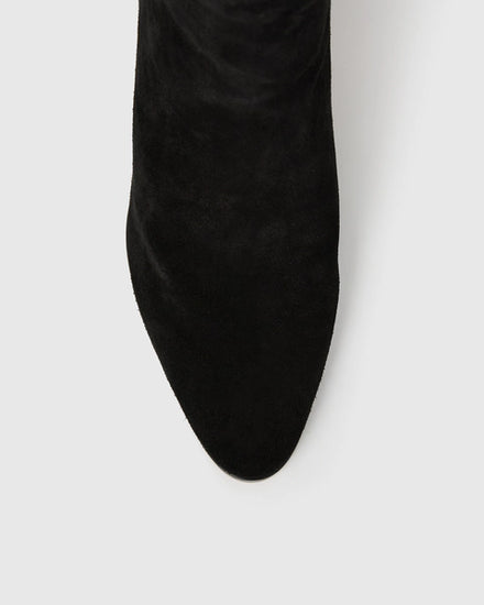 knee high heeled black suede boots birds eye view