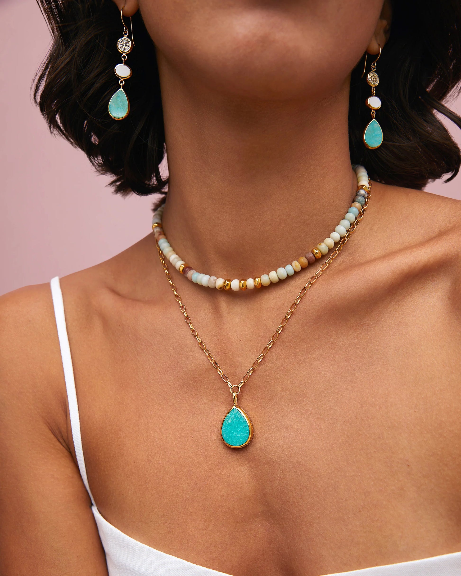 Amazonite beaded necklace with gold plated beads interspersed throughout with lobster catch