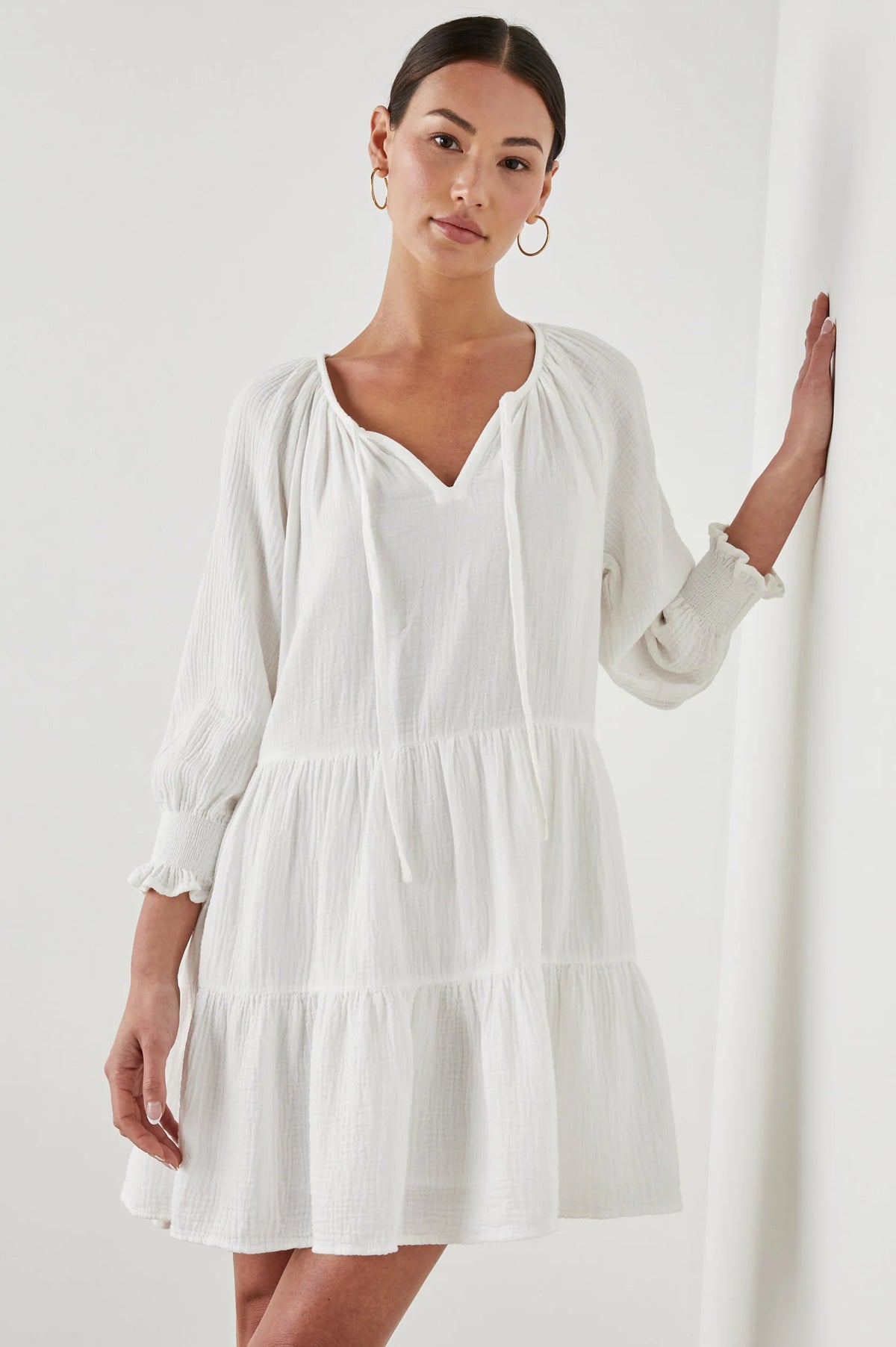 White notch neck cheesecloth dress with double tier and bracelet length sleeves with ruching detail