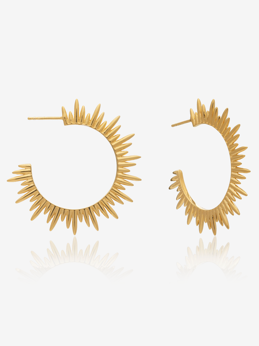 large gold hoop earrings with varying sized spike detailing along the edging with butterfly fastening from rachel jackson