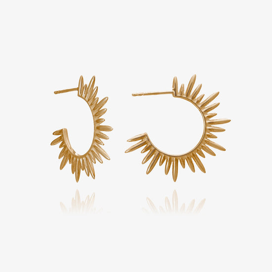 medium sized gold hoops with varying sized spike detailing along the edging and butterfly fastening from rachel jackson