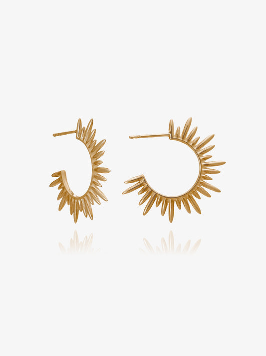 medium sized gold hoops with varying sized spike detailing along the edging and butterfly fastening from rachel jackson