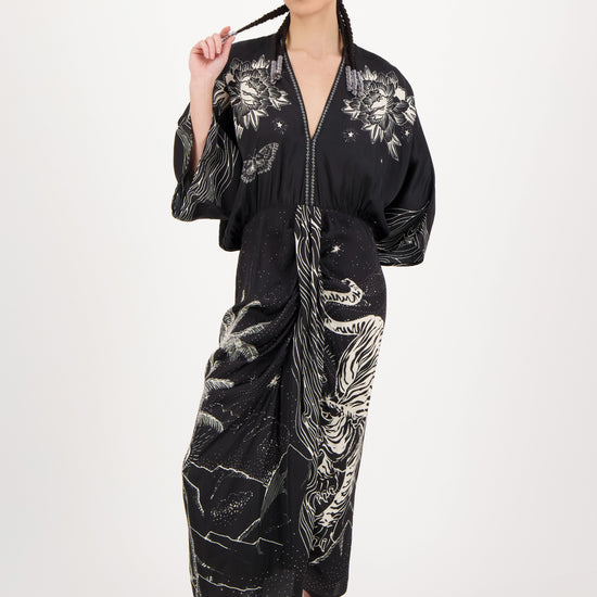 Black printed midi dress with kimono style sleeves and a v neck