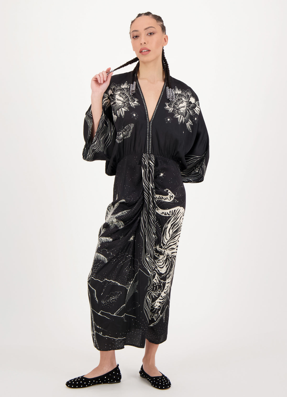 Black printed midi dress with kimono style sleeves and a v neck