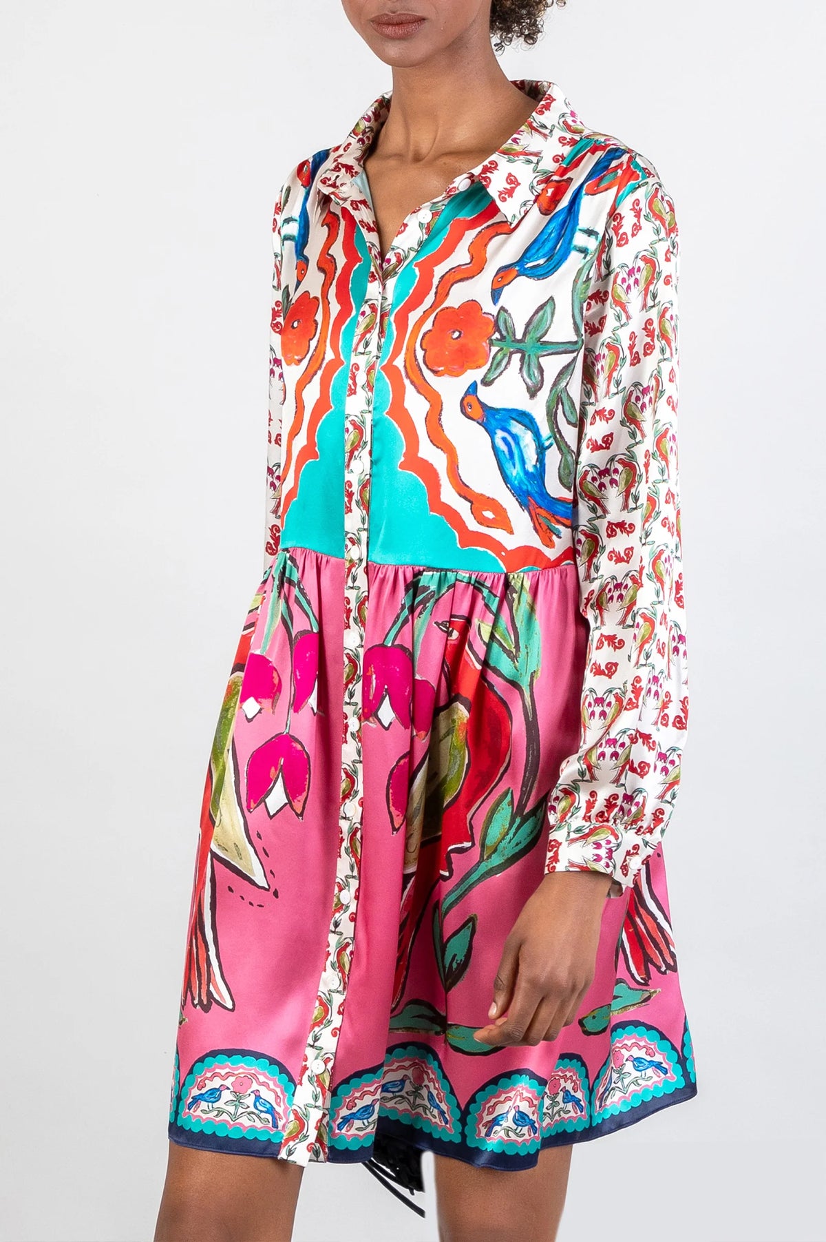 Short shirt silk dress with love bird painted design in bold colourful colours with contrast fabric for sleeves collar and placket