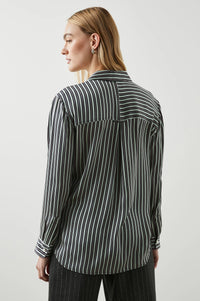 Green black and pink vertical striped silk shirt with large front patch pocket and full length plastic button fastening