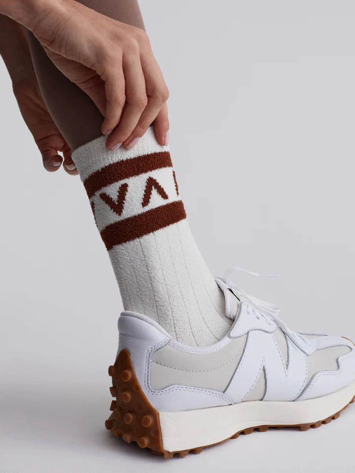 Varley branded ecru socks with branded banner on ankle and contrast heel and toe