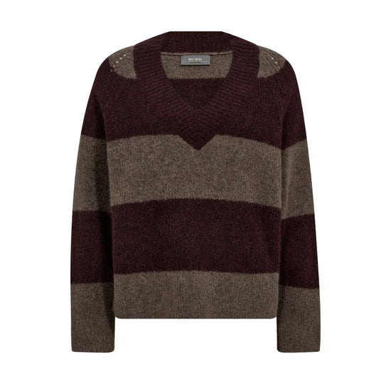 v neck dark bordeaux and taupe stripe jumper with rib detailing from mos mosh