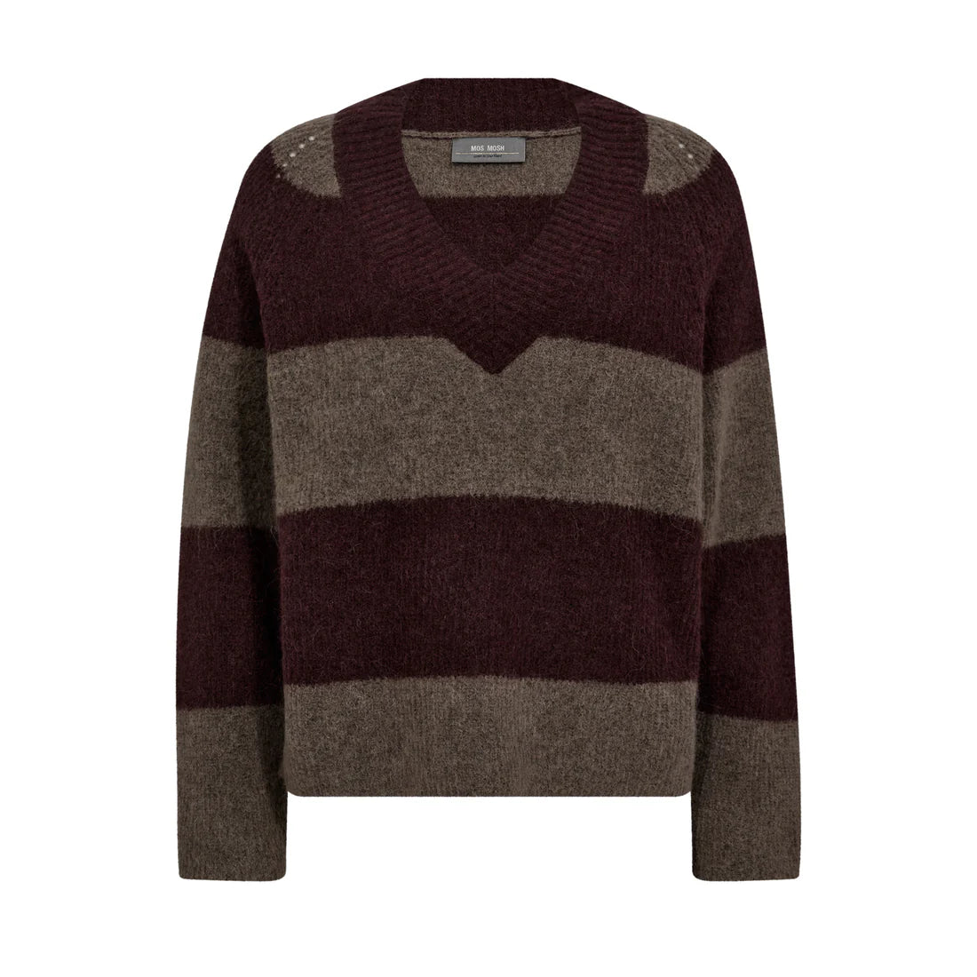 v neck dark bordeaux and taupe stripe jumper with rib detailing from mos mosh