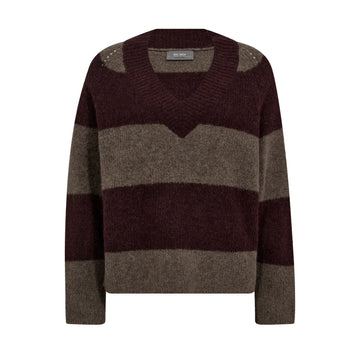 v neck dark bordeaux and taupe stripe jumper with rib detailing from mos mosh