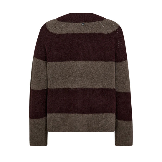 v neck dark bordeaux and taupe stripe jumper with rib detailing from mos mosh rear view