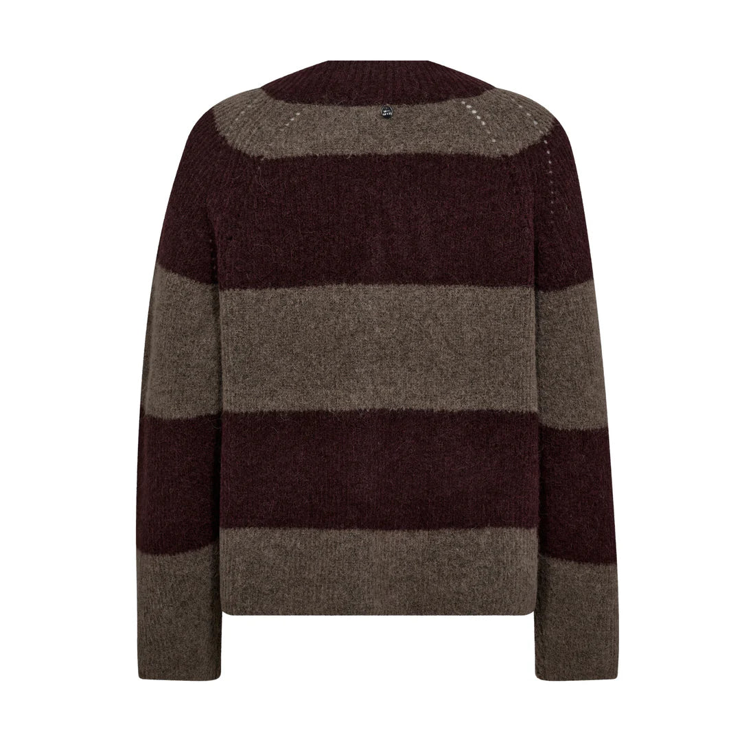 v neck dark bordeaux and taupe stripe jumper with rib detailing from mos mosh rear view