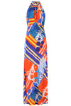 Halterneck maxi dress in orange blue and yellows with straight skirt
