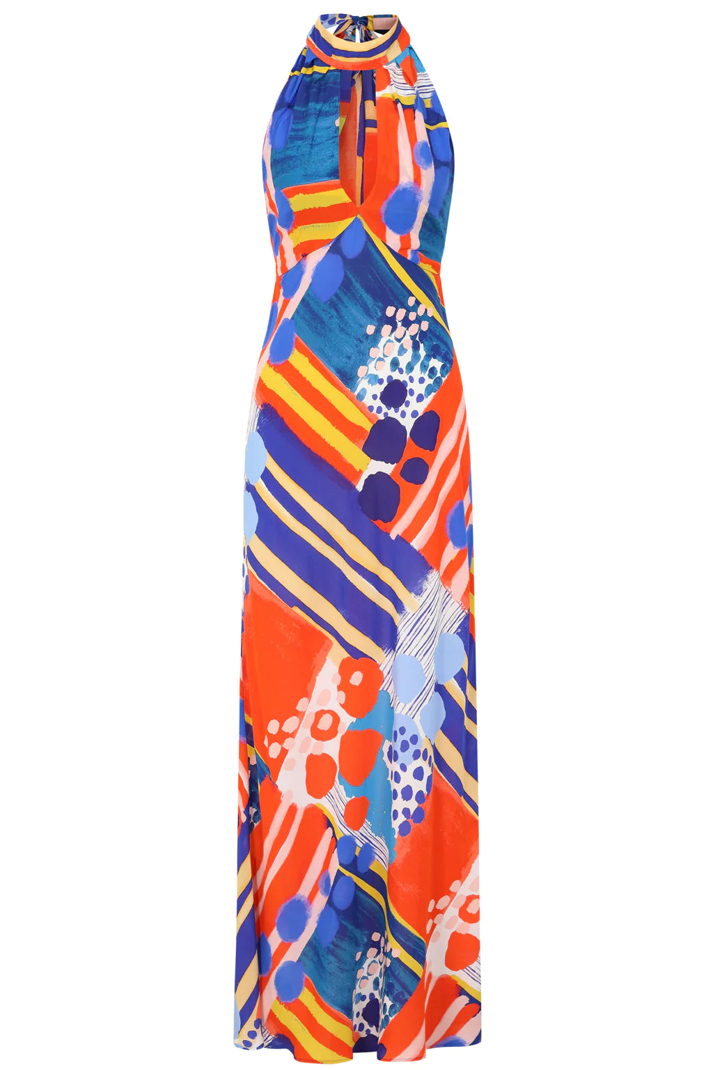 Halterneck maxi dress in orange blue and yellows with straight skirt