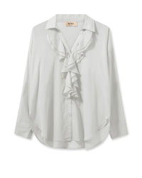 White cotton voile shirt with classic collar long sleeves and ruffle detail at the front