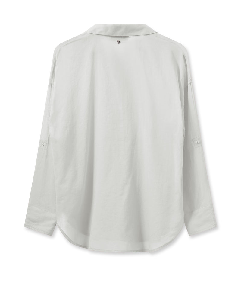 White cotton voile shirt with classic collar long sleeves and ruffle detail at the front