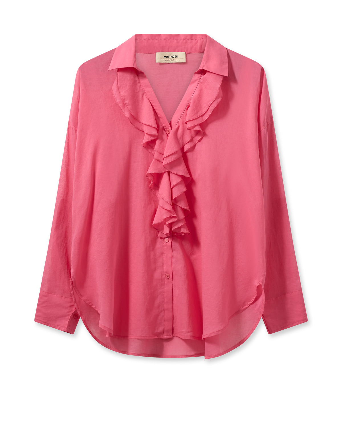 Pink shirt with ruffle detail and button back sleeve
