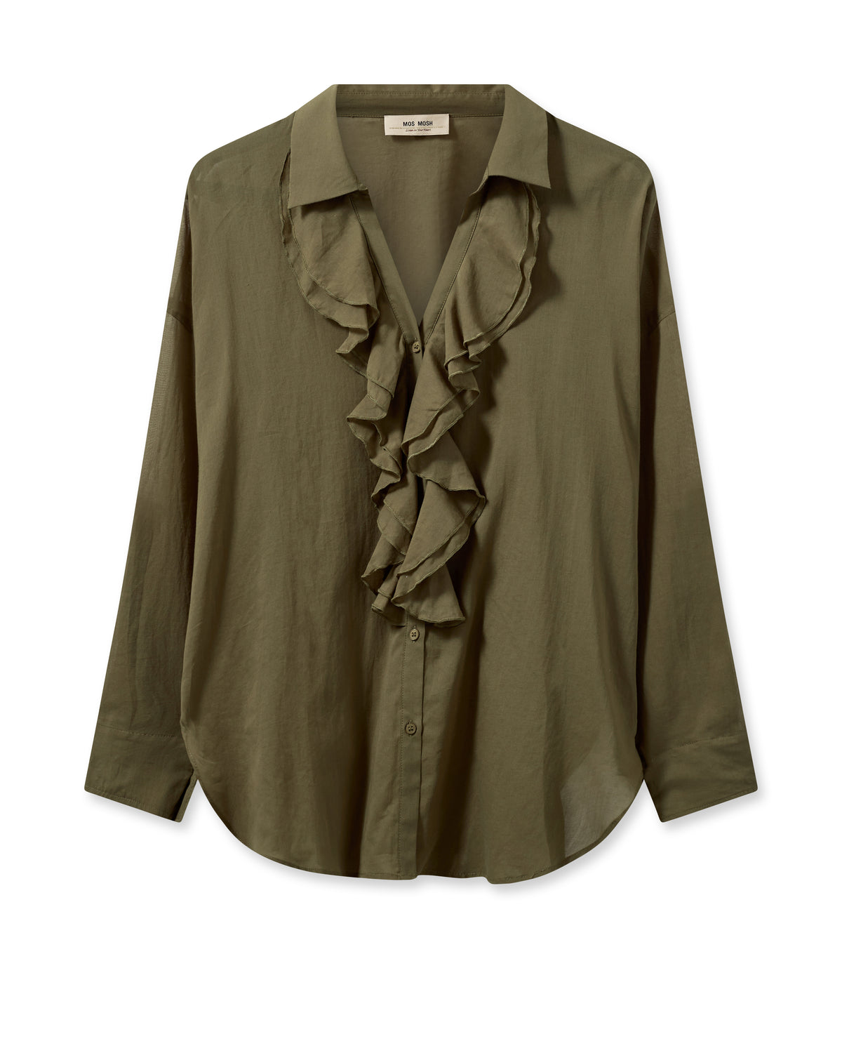 Khaki cotton shirt with long sleeves and ruffle detail