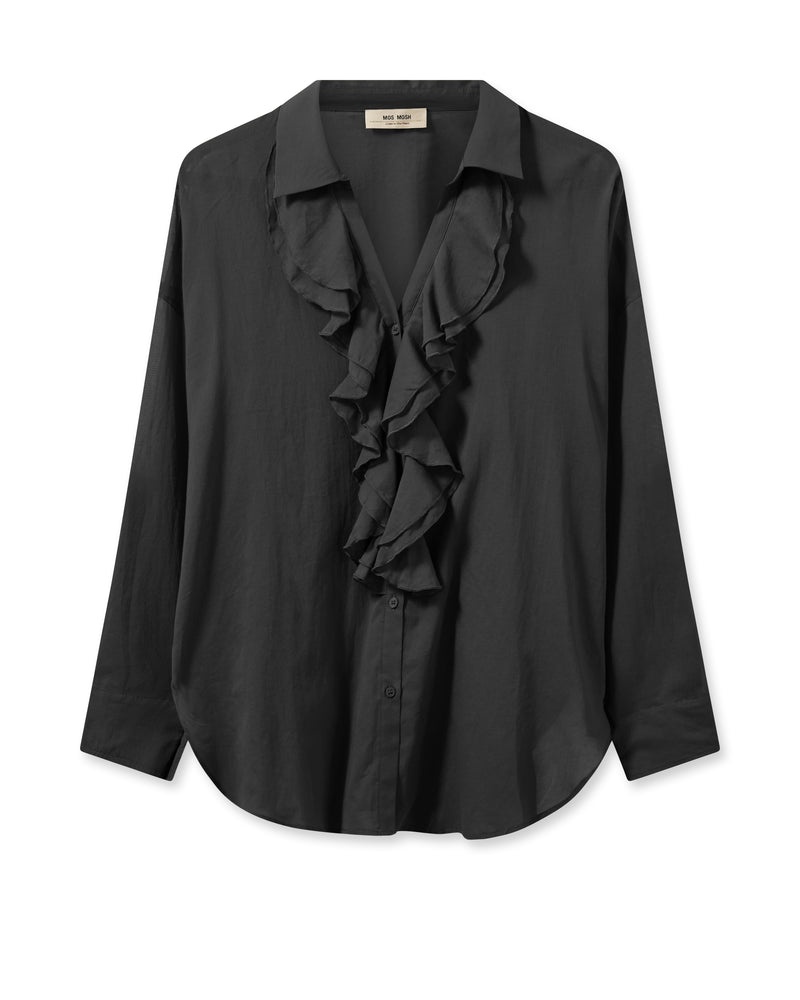 Semi sheer coton shirt with classic collar V neck and ruffle detail