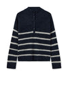 Navy and white stripe knitted jumper with dropped shoulder and long sleeves with a half placket and turtleneck with button fastening