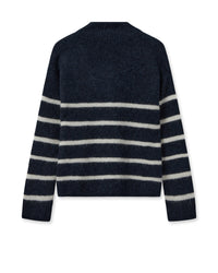 Navy and white stripe knitted jumper with dropped shoulder and long sleeves with a half placket and turtleneck with button fastening