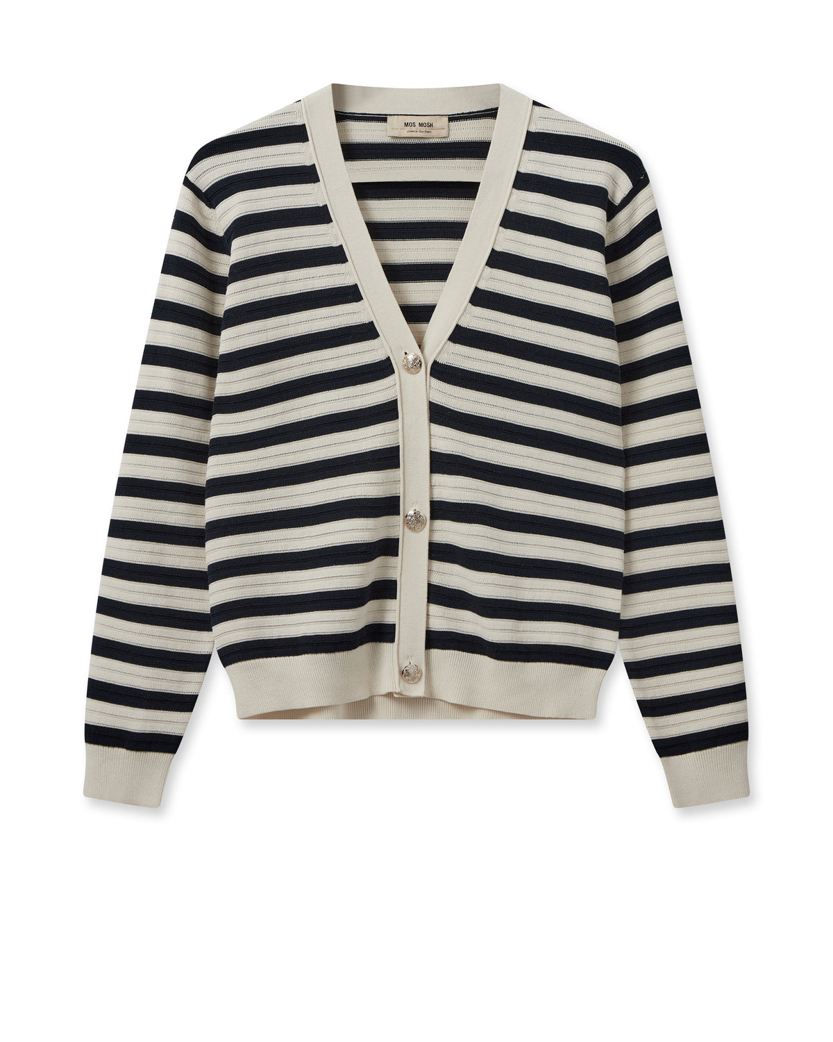 Navy and ecru breton V neck textured cardigan with silver buttons
