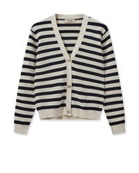 Navy and ecru breton V neck textured cardigan with silver buttons