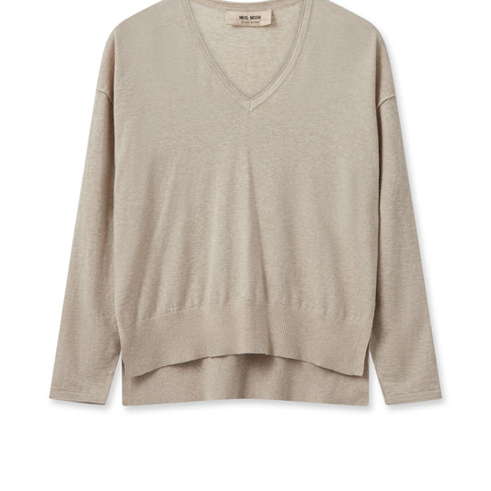 Beige V neck jumper with rolled edges and dipped hem with side splits and long sleeves