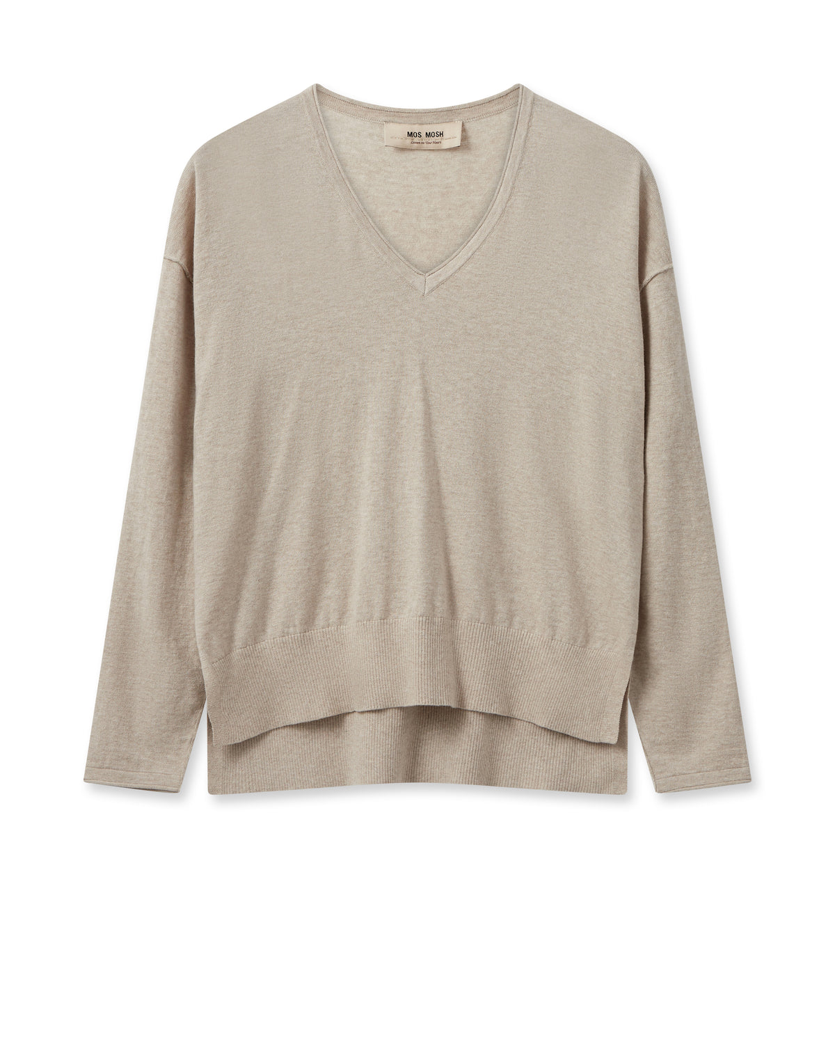 Beige V neck jumper with rolled edges and dipped hem with side splits and long sleeves