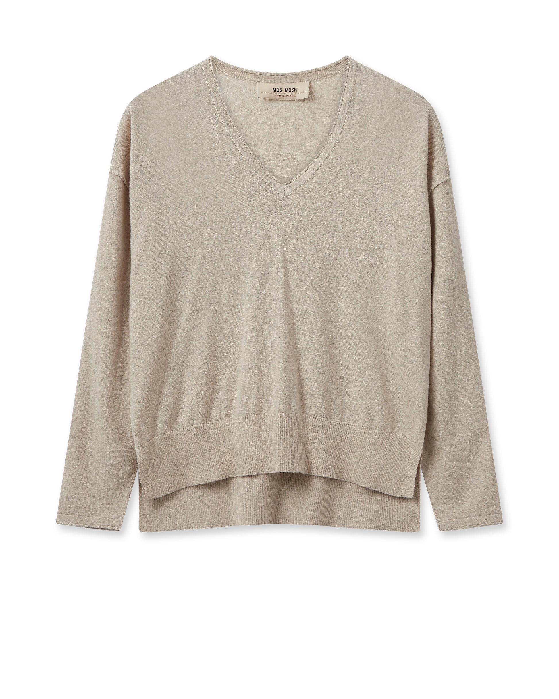 Beige V neck jumper with rolled edges and dipped hem with side splits and long sleeves