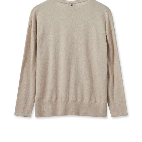 Beige V neck jumper with rolled edges and dipped hem with side splits and long sleeves