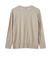 Beige V neck jumper with rolled edges and dipped hem with side splits and long sleeves