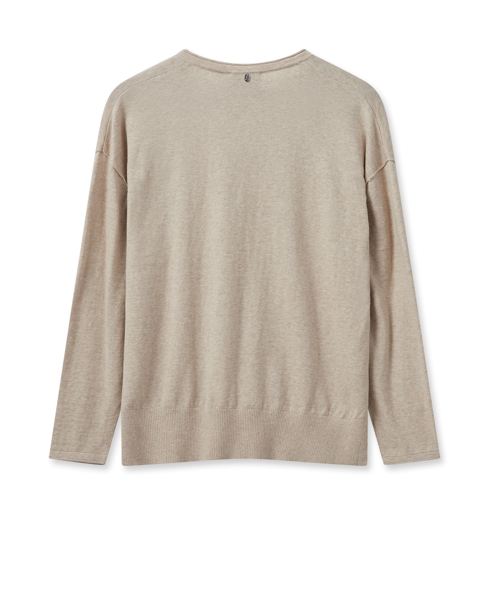 Beige V neck jumper with rolled edges and dipped hem with side splits and long sleeves