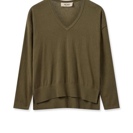 Khaki lightweight V neck jumper with long sleeves and dipped hem with side splits